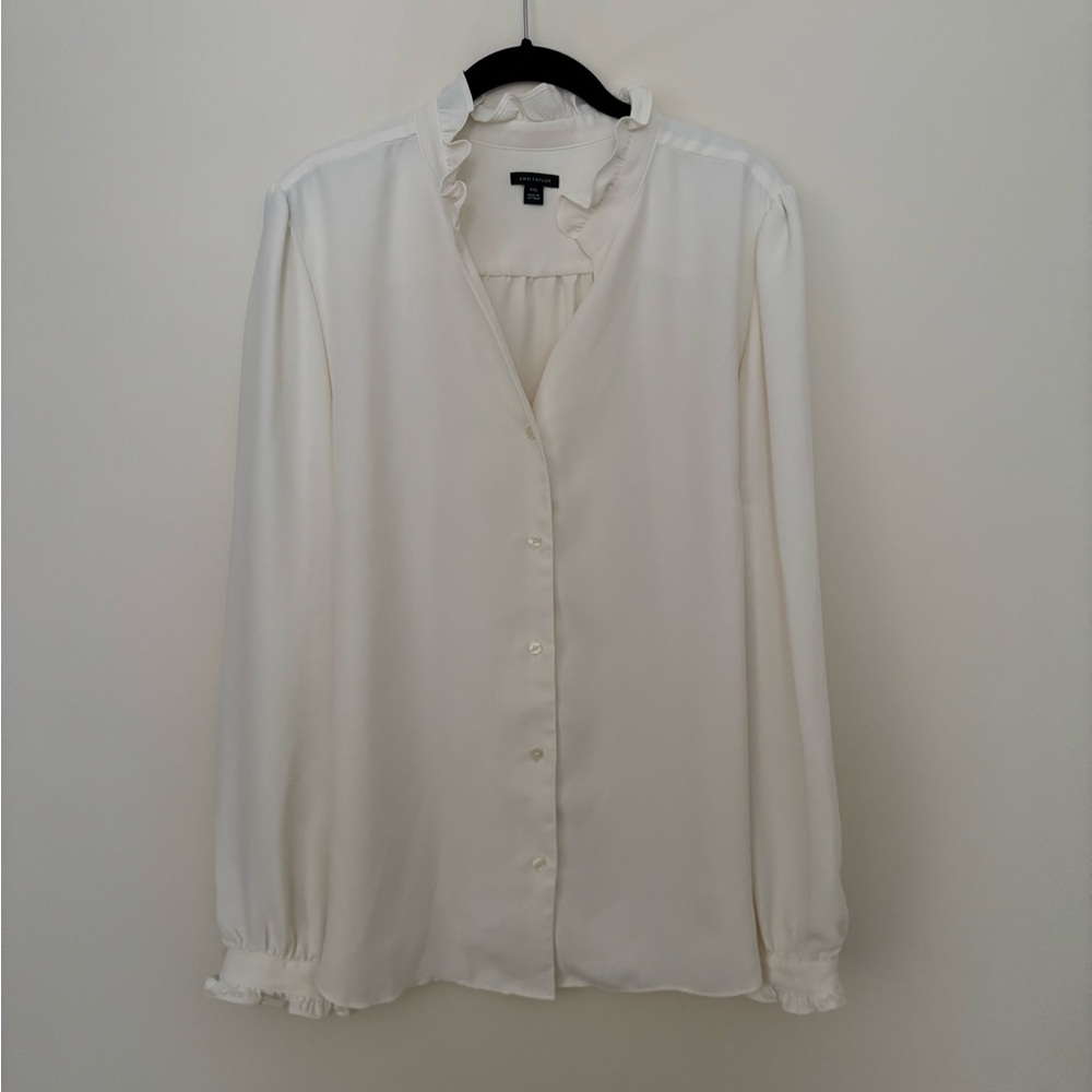 Ann Taylor Cream Ruffle-Neck Button Front Blouse